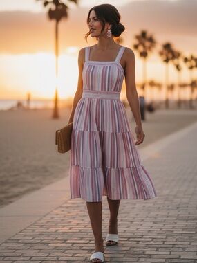 NWT Umgee Pastel Striped Tiered Midi Dress